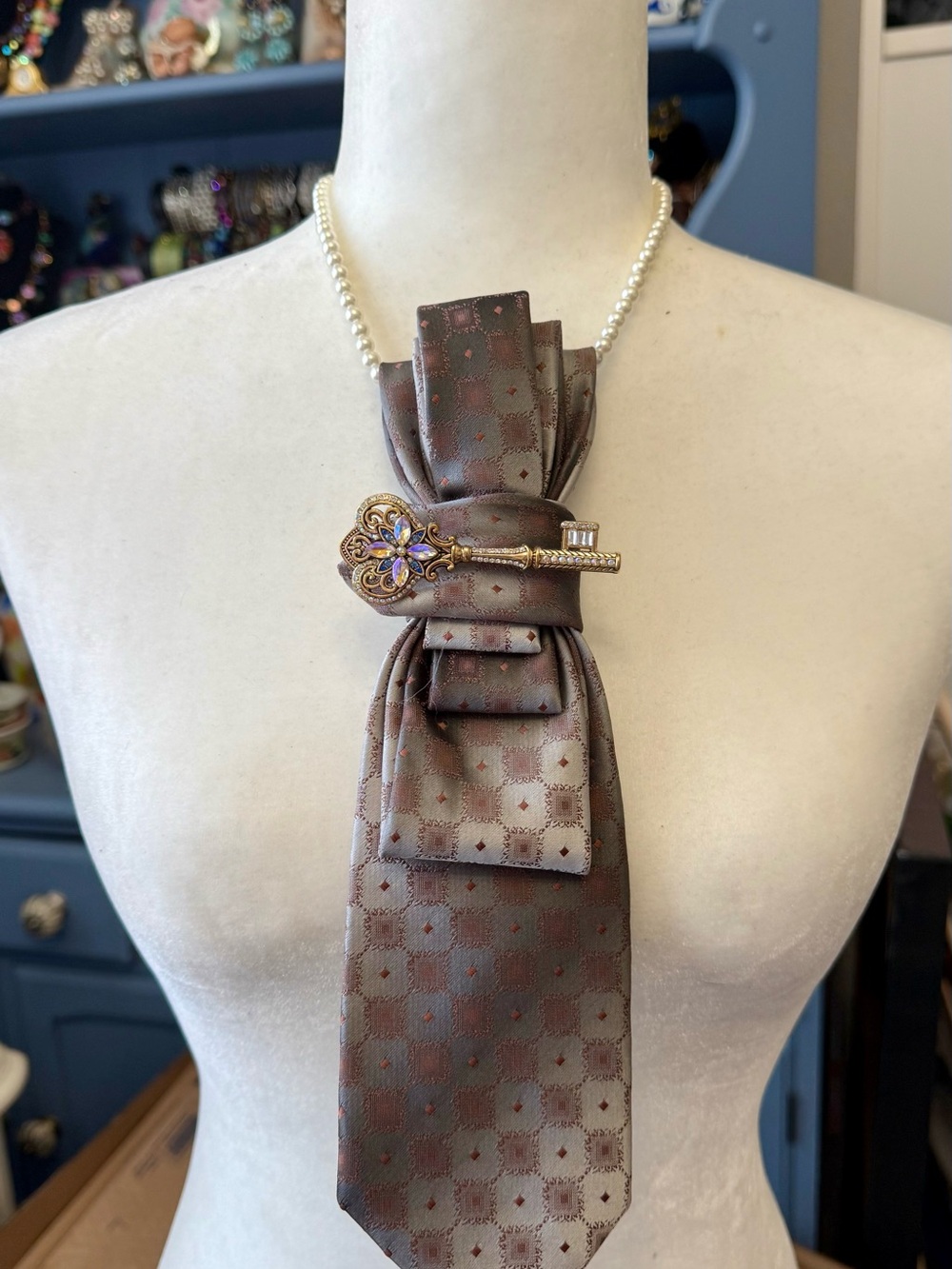 Vintage-Inspired Brown Silk Neck Tie Necklace with Key Brooch Jewelry